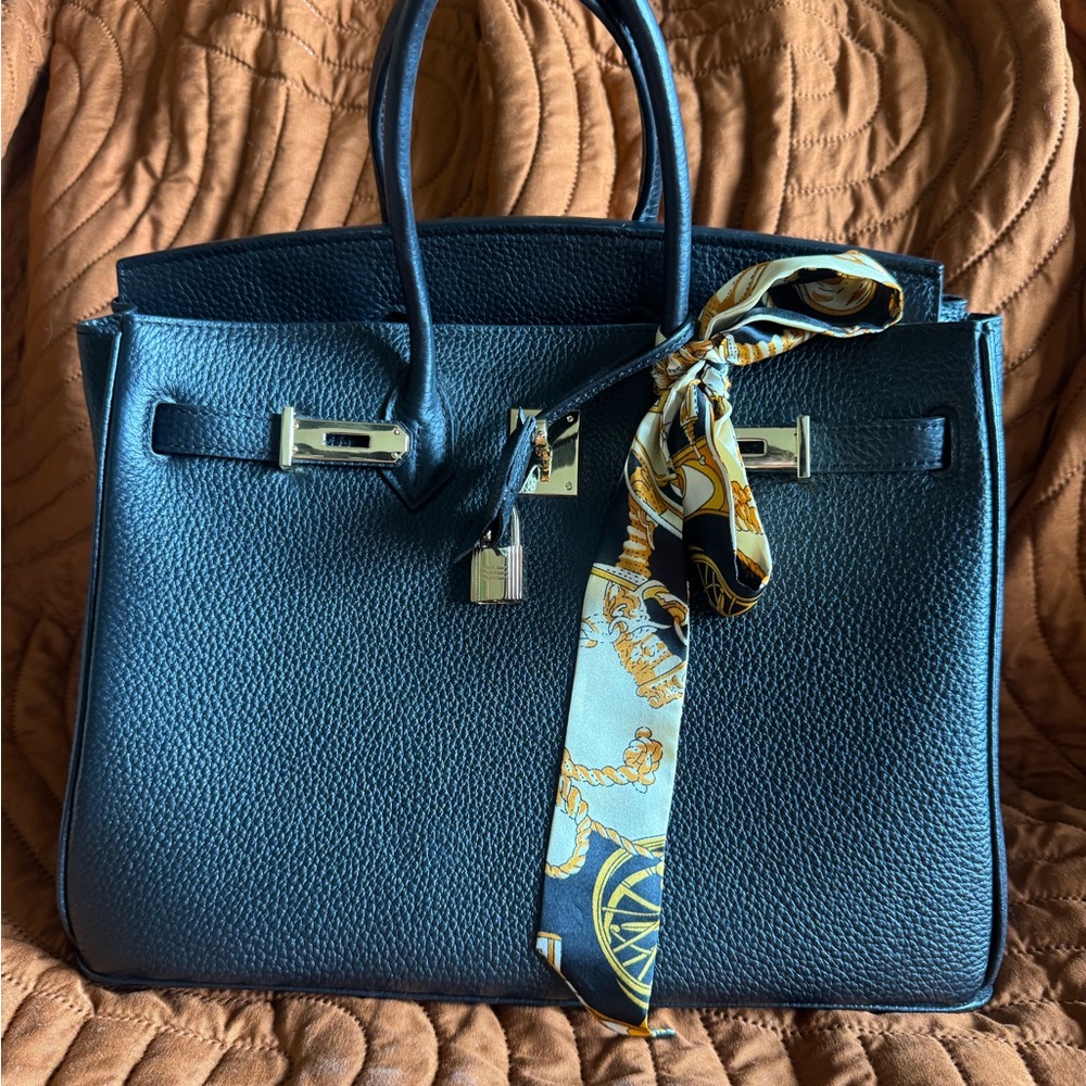 Black Genuine Leather, Birkin-Inspired Tote with Gold Lock with Scarf Detail